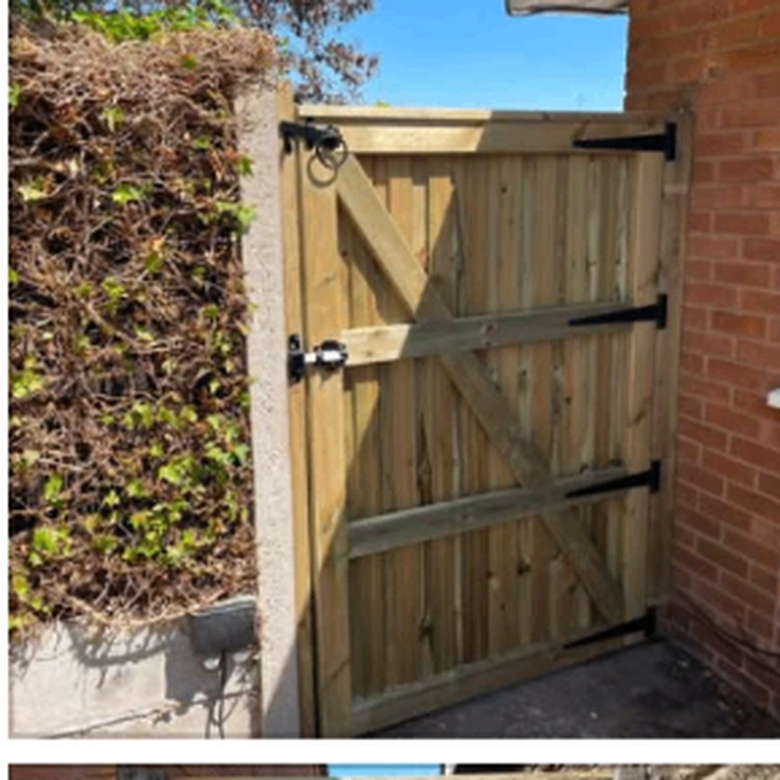 Braced timber double gate with black strap hinges